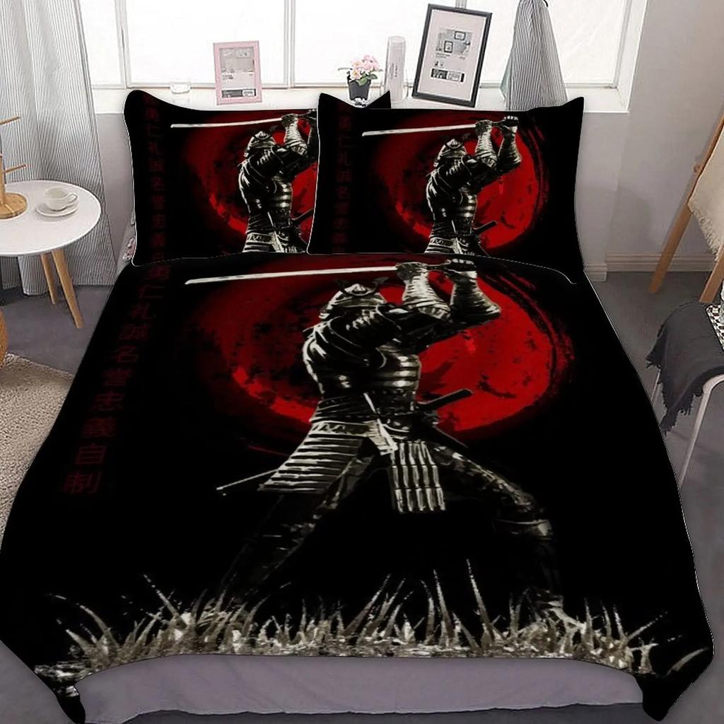 Japanese Samurai Bedding Set, Japan Sunset Landscape Building Silhouette Duvet Cover For Men Teens, Black Red