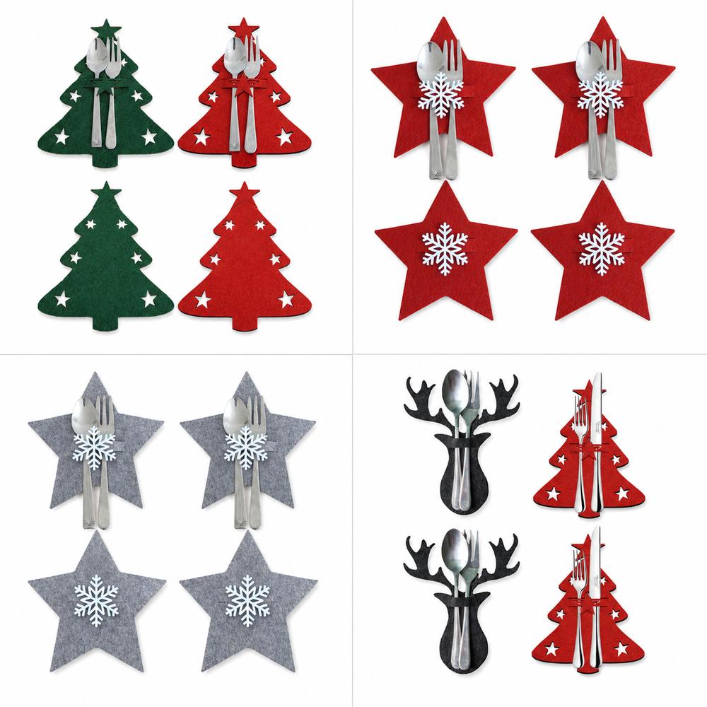 4PCS Elk Christmas Cutlery Fork Holder Tableware Organizer Cutlery Bag Xmas Tree Pocket Table Decor