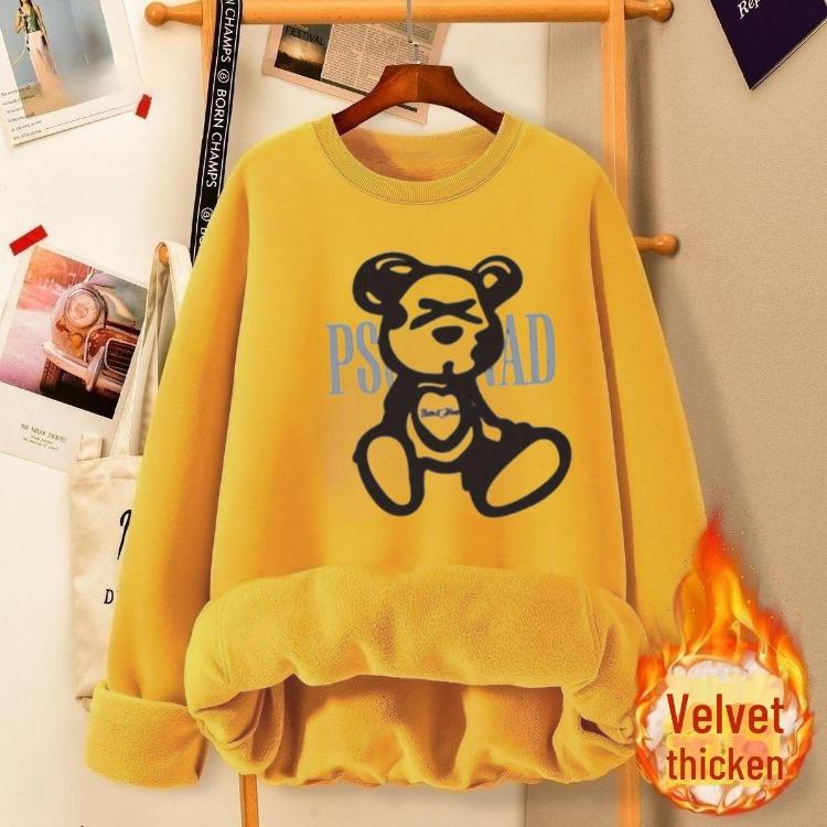 2024 Autumn Winter Women Fashionable Velvet Thickened Cartoon Print Loose Fit Round Neck Sweatshirt Top