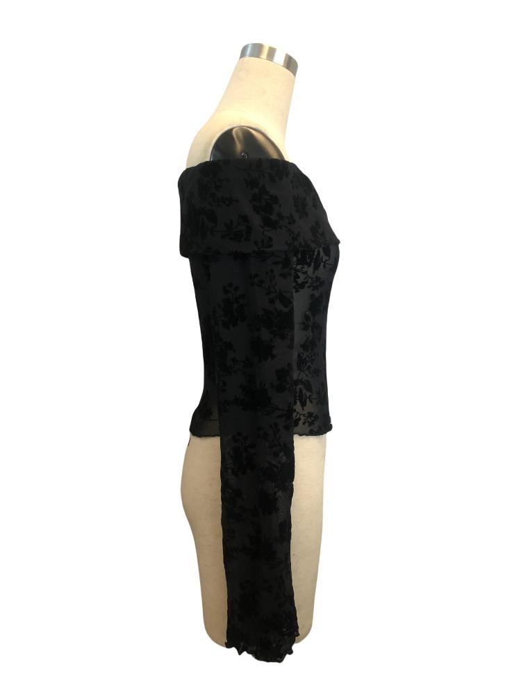 Женский вязаный сетчатый флокированный топ-футболка без бретелек с расклешенными рукавами, облегающий, с цветочным принтом. Женские универсальные базовые вещи для гардероба, модные вещи, рубашка