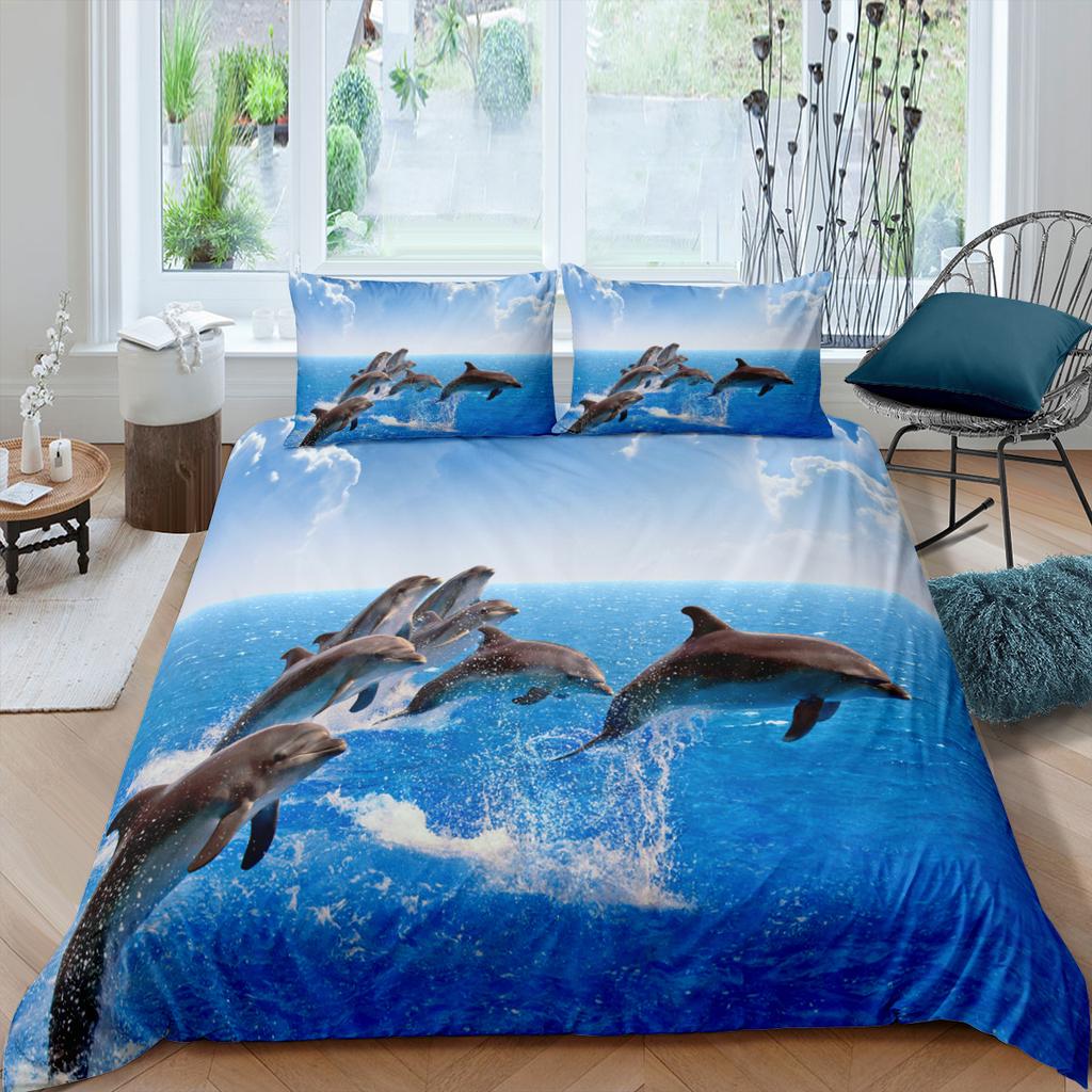 Dolphin Duvet Cover Set 3D Fish In Blue Sea Cute Animals Queen King Twin Full Size Bedding Set For Kids Boy Girl Comforter Cover