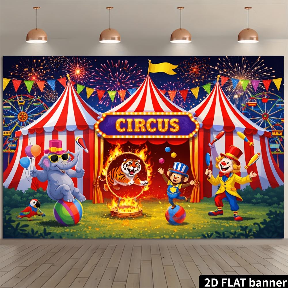 2D flat circus party banner background. Circus carnival theme featuring red and white striped tents and clowns.