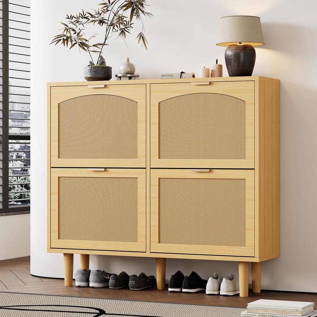 Shoe cabinet with 4 flip-down drawers, rattan with metal handles, for hallway, bedroom, apartment, country style, dimensions: 100 x 25 x 90 cm