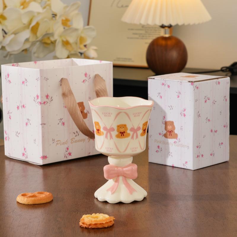 Pink Cartoon Bear Tall Ceramic Mug Ice Cream Cup Cute Wind Wine Glass Egg Gift Box Souvenir