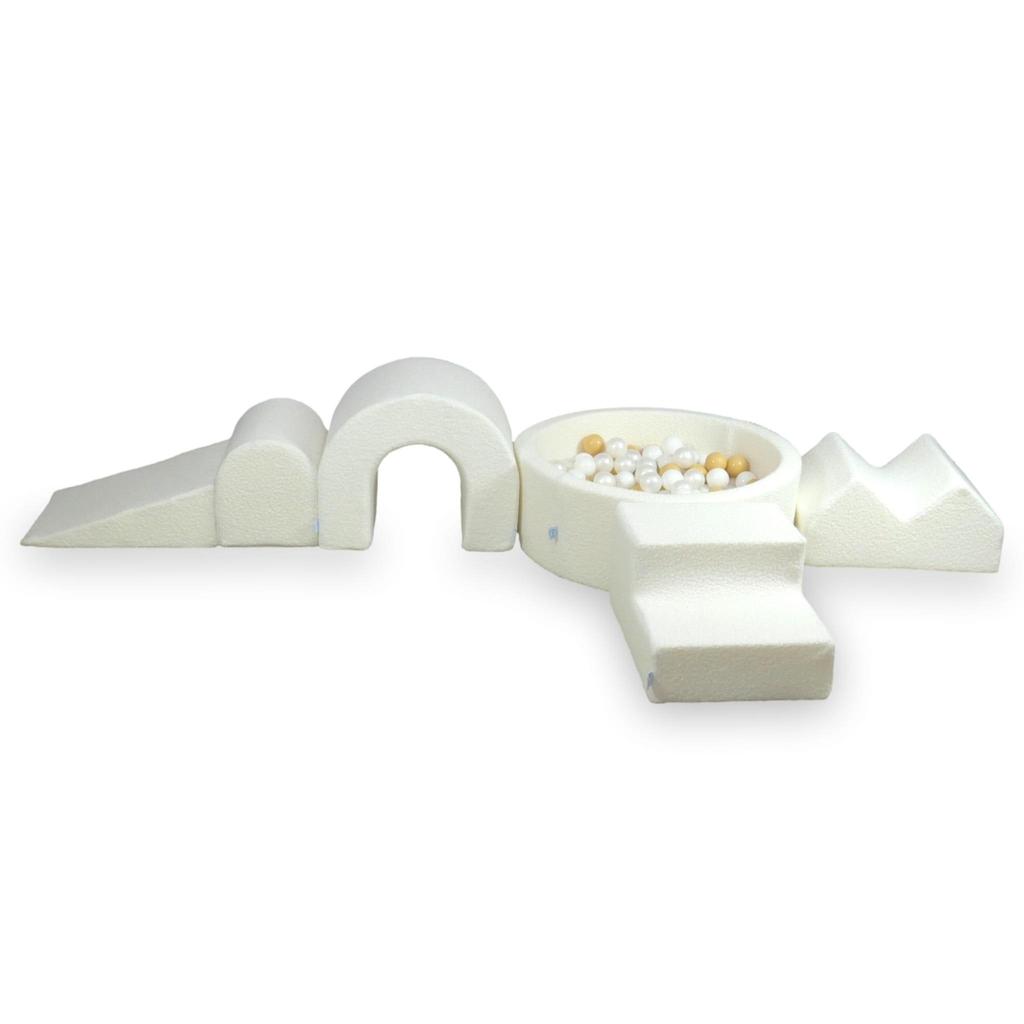 Foam playground with round pool 90x30 Boucle White + 5 elements + 200 balls: white, pearl, beige