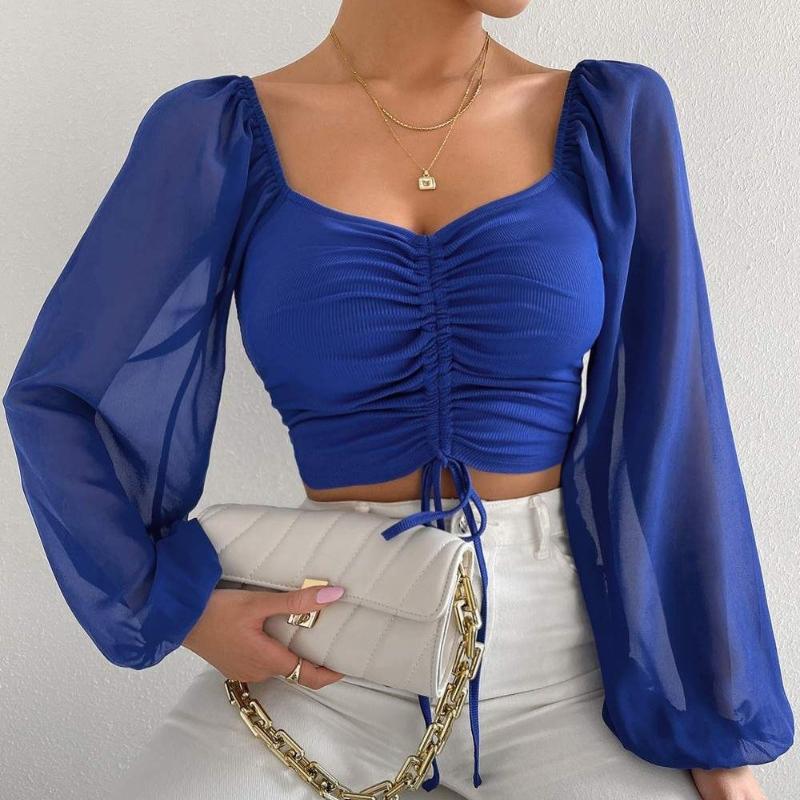 Летняя новая шифоновая блузка с V-образным вырезом и завязками, женская винтажная узкая модная сексуальная женская рубашка, топы, элегантная однотонная женская укороченная блузка 25156