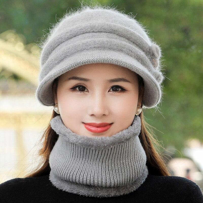 Новая женская зимняя шапка, сохраняющая тепло, шапка для мамы с меховой подкладкой, теплый комплект, шапка для женщин, повседневная вязаная шапка с мехом кролика