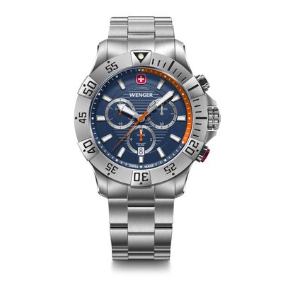 WENGER SEAFORCE CHRONO Кварцевые Аналоговые Часы с Корпусом из Нержавеющей Стали и Синим Нержавеющим Браслетом Водонепроницаемые 200м Подарок Синие Мужские (316L) Циферблат, Браслет,