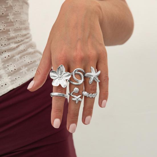 Ocean Theme Rings Set, Adjustable Stackable Finger Rings, Retro Distressed Bohemian Rings, for Beach Vacation Accessories