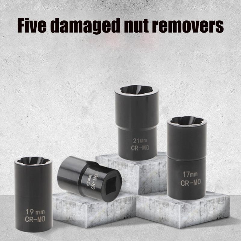 Pack of 5 High Strength Carbon Steel Extractors Socket Set 17 19 21 22mm For Stucks Lug Nut Corroded Fasteners Removal