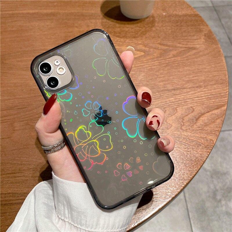 Fashion Gradient Laser Love Heart Leaf Pattern Case For iPhone 13 11 12 14 15 Pro Max X XS XR 7 8 Plus SE 2020 Clear Cover With Hearts