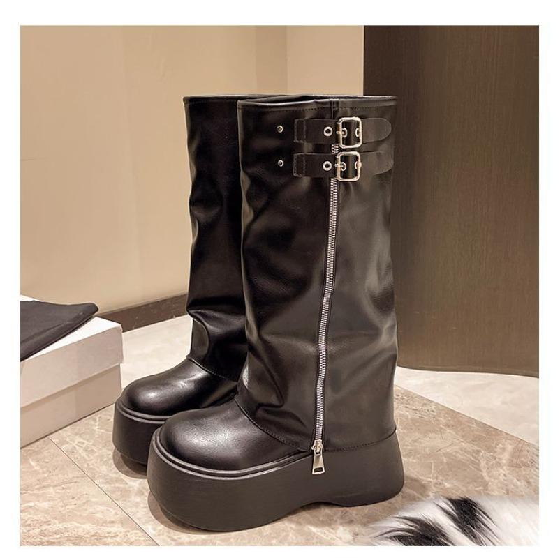 Мода Новая Весна Ретро Тренд минималистичные Женские Ботинки на толстой подошве с увеличением высоты Женские Модные универсальные Сапоги-чулки на каблуке до колена