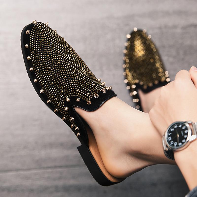 New Gold Hip-hop Rock Punk Rivet Rhinestones Shoes For Men Half Slippers Summer Fashion Casual Mules Moccasins Loafers