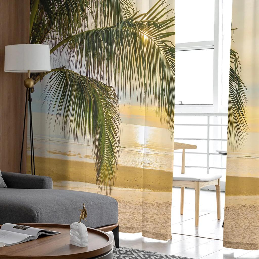 Modern Sheer Curtains Summer Beach Palm Trees Living Room Kitchen Children's Room Decoration Household Chiffon Window Curtains
