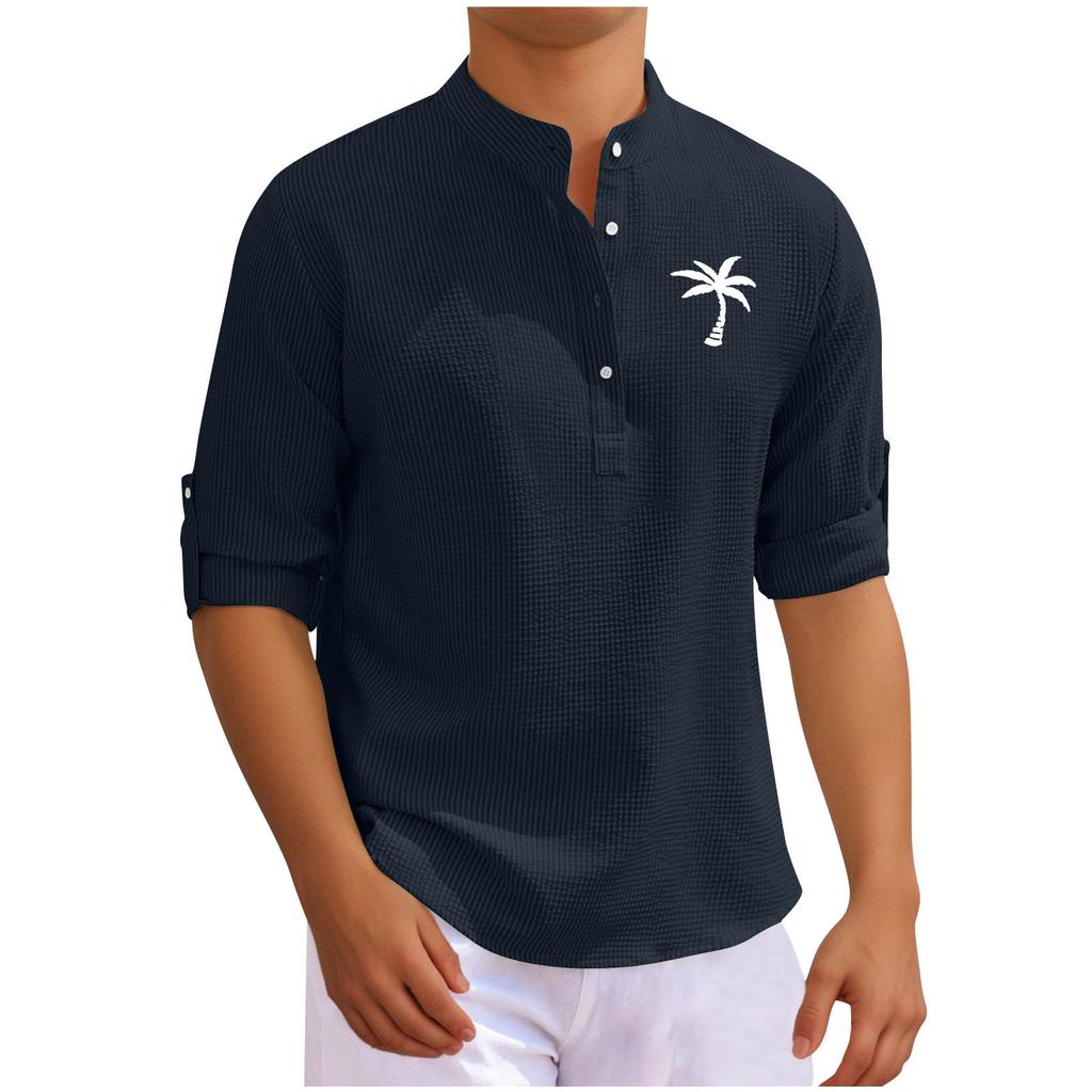 Men's T-shirt Long-sleeved Stand-up Collar Open-button Coconut Printed Shirt Men's Casual Sports Top