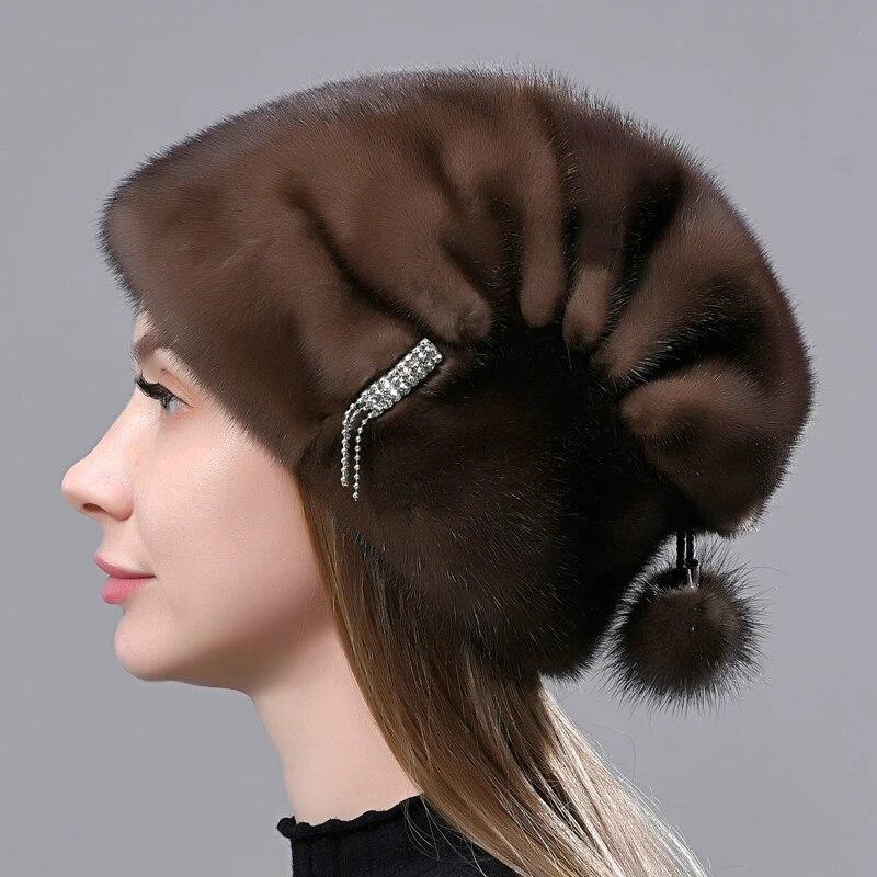 Fur Hats Women Winter Stylish Warm Natural Mink Fur Luxury Caps Windproof Anti Cold Snow Ball Diamond Hat