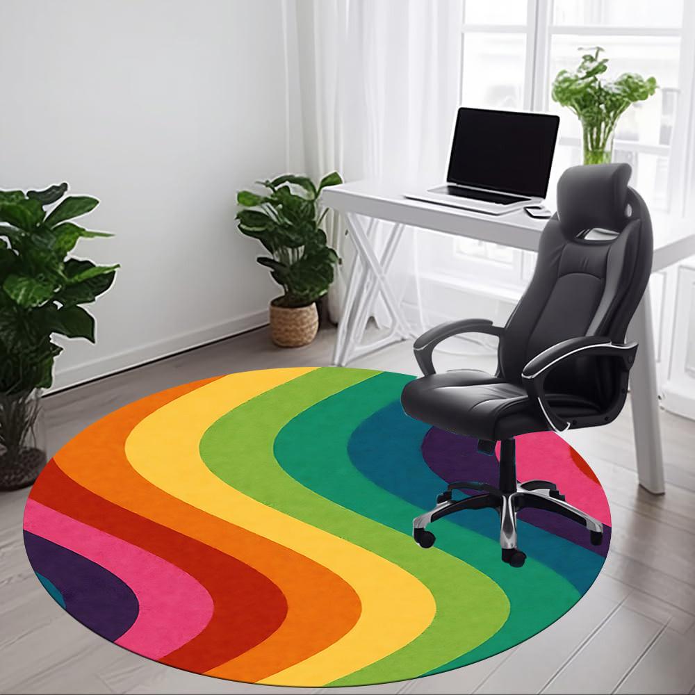 1pc Rainbow Waves Chair Carpet for Office, Round Non-Slip Durable Large Size Office Carpet, Suitable for Office, Beautiful Decoration