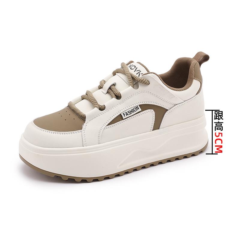 Толстая подошва Белые женские спортивные туфли 2024 Осень Новые модные однотонные кроссовки с круглым носком Женская спортивная повседневная обувь