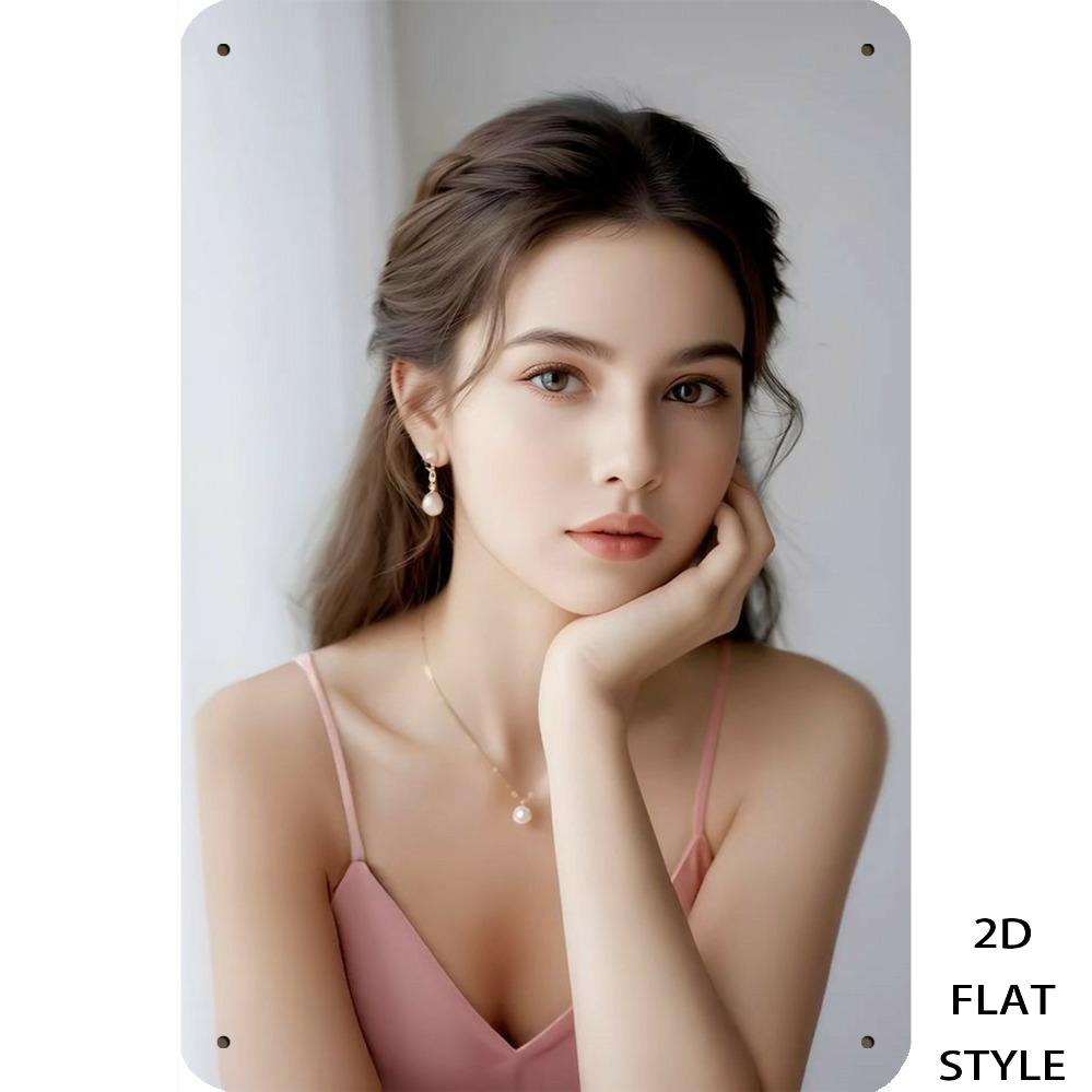 HD Metal Tin Sign Elegant Young Woman Pink Cami Top Pearl Jewelry Portrait Wall Art Decor