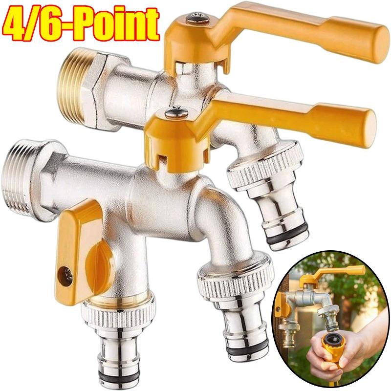 4/6-Point Brass Garden Faucet Dual Outlet Freeze Proof Outdoor Spigot Hose Connector Heavy Duty for Watering Washing Machine