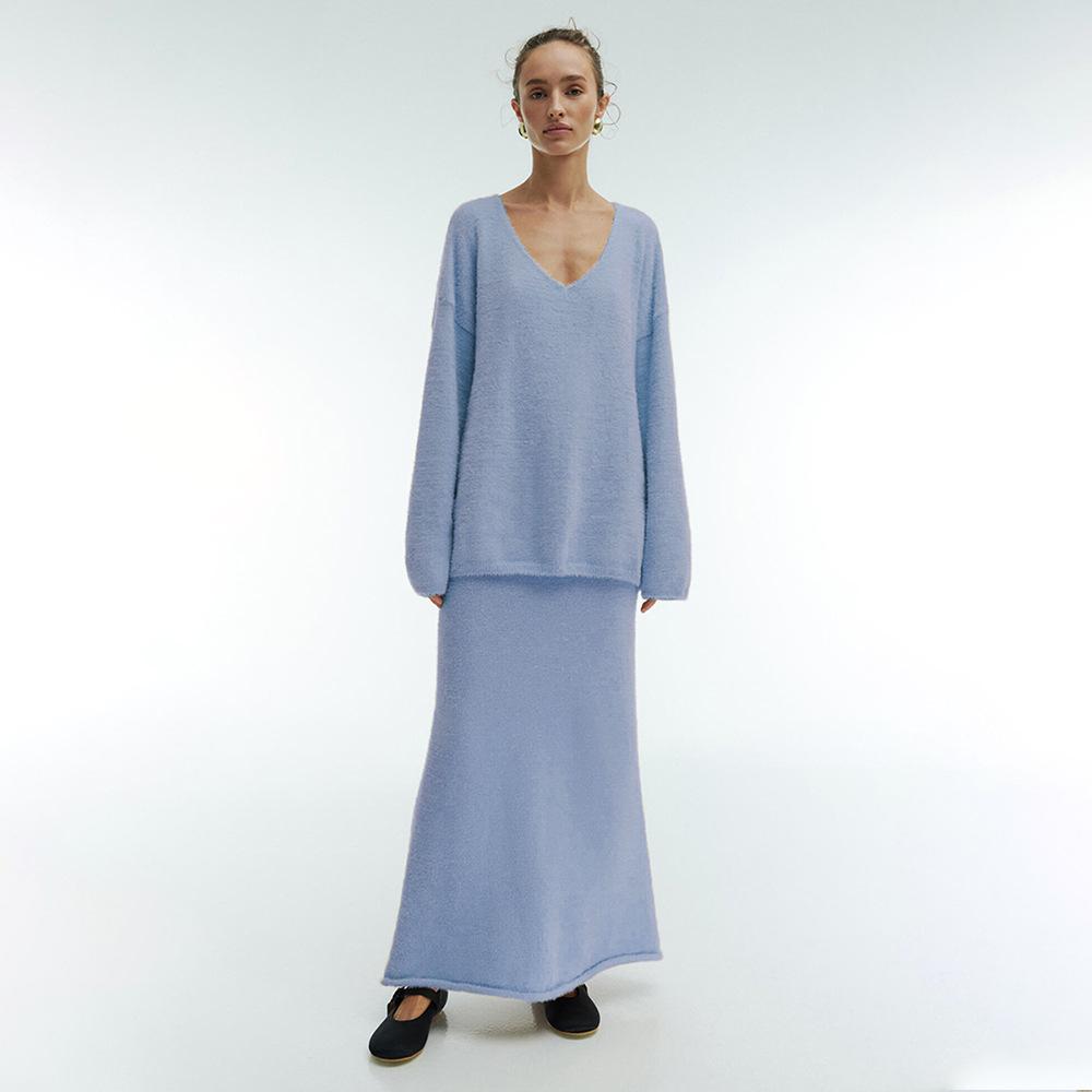 Imitation Mink Fur Sweater Set For Women's Autumn And Winter Commuting, Simple Knitted V-neck Sweater+skirt Set
