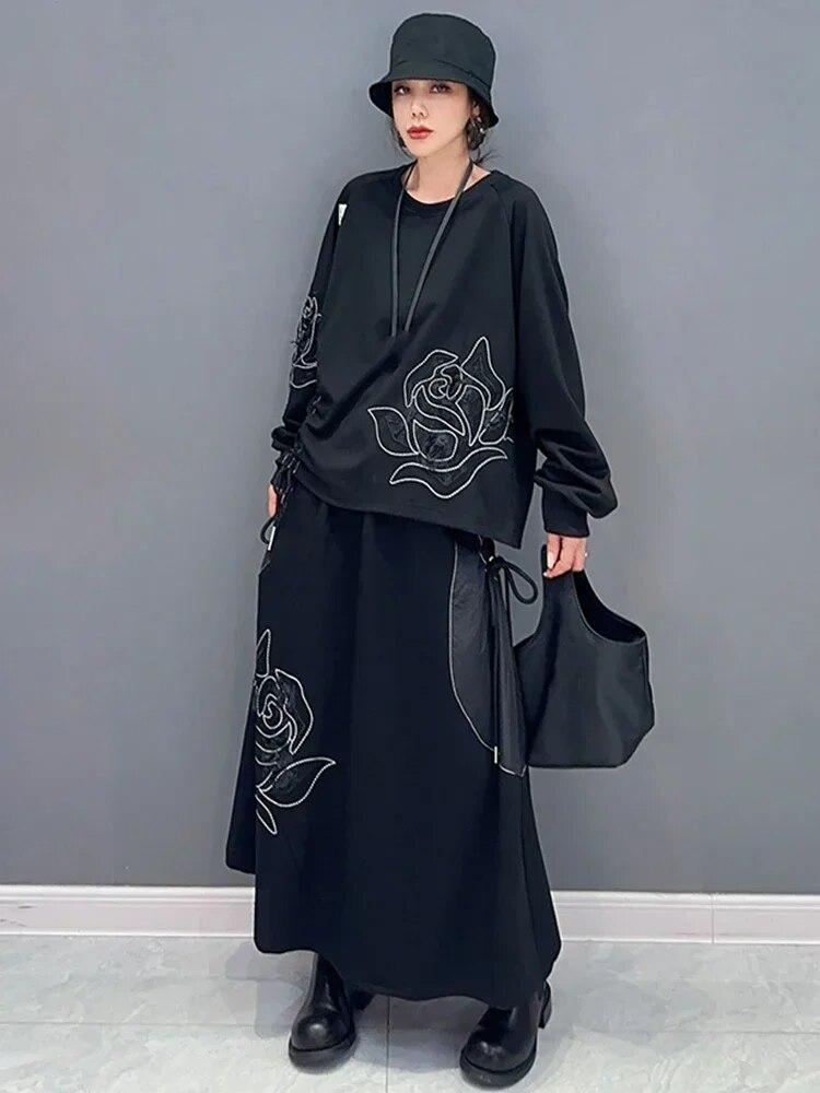 Xitao Свободные складки в стиле пэчворк, комплект из двух предметов, нерегулярная юбка, женский пуловер, топ HQQ1627