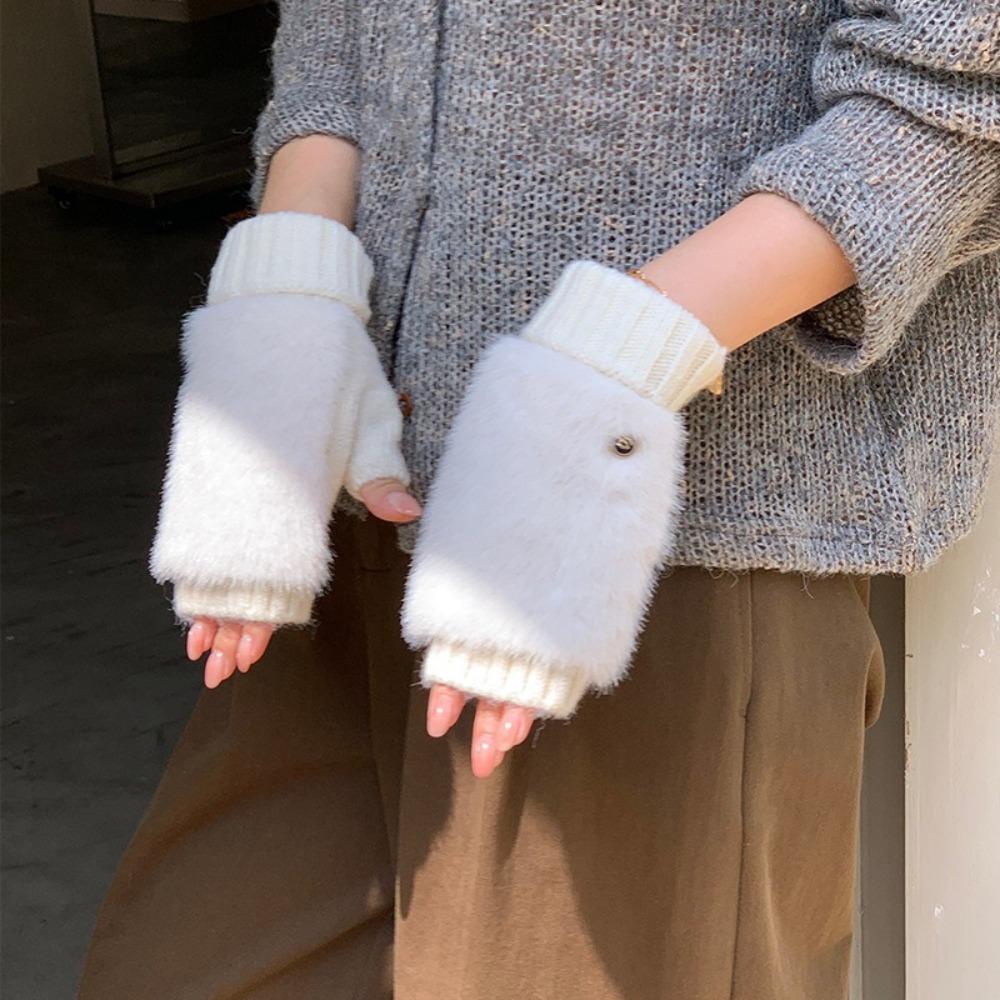 Warm Knitted Gloves Soft Plush Gloves Fashionable Half-Finger Gloves Women