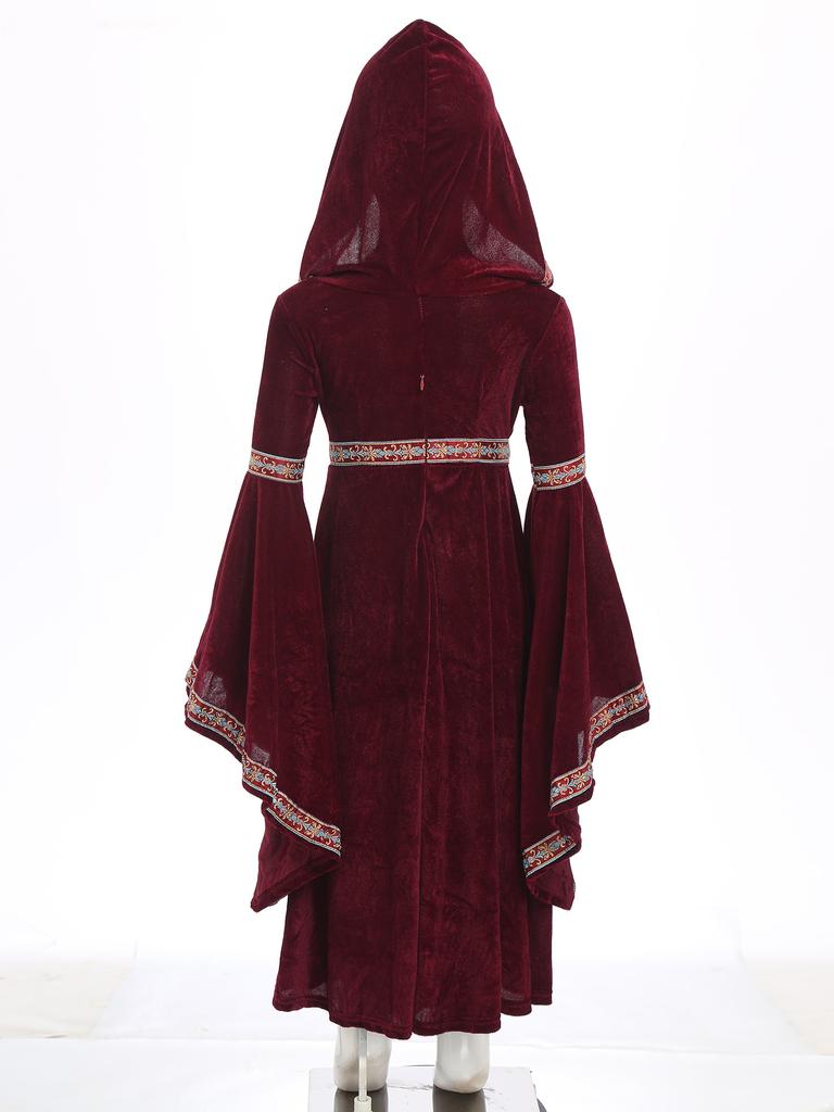 Детский халат принцессы на Хэллоуин для девочек: Полный средневековый костюм для косплея с капюшоном, рукавами-трубами и детальной вышивкой.