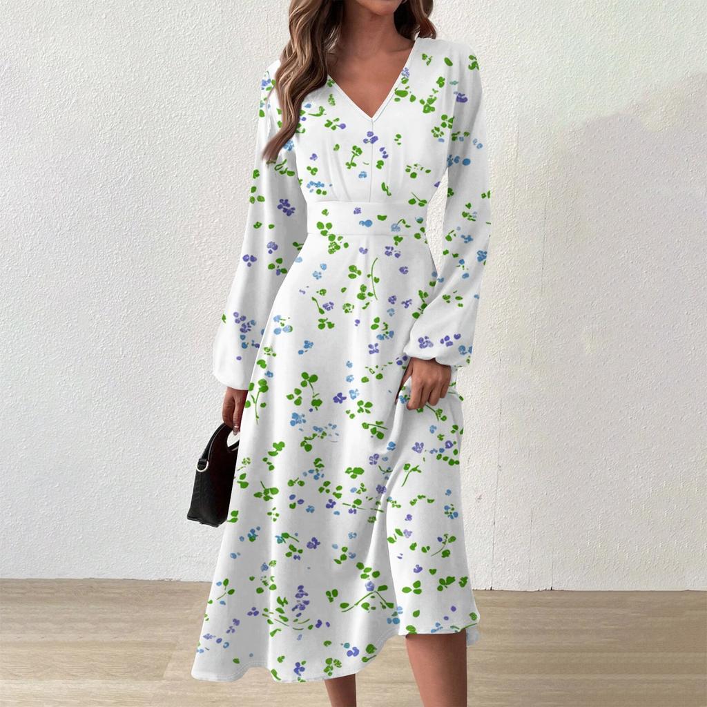 Women's Casual Fashion V-Neck Long Sleeve Floral Print Long Dress