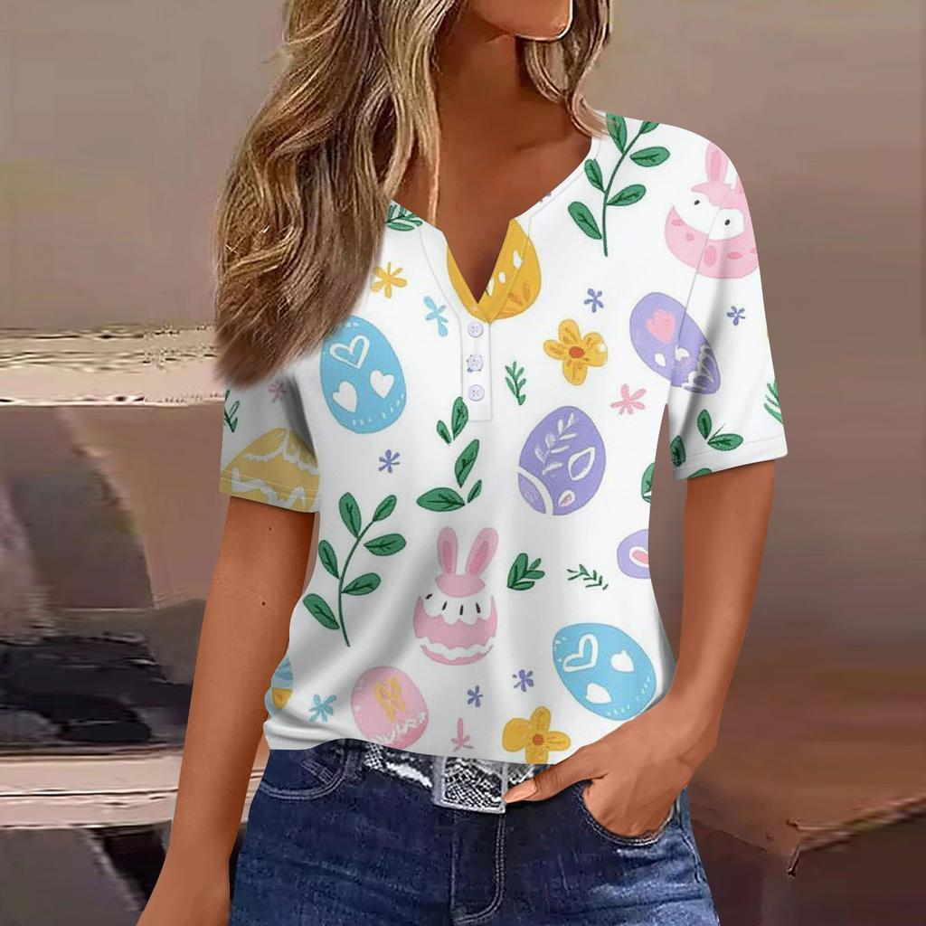 Women's T Shirt Print Button Short Sleeve Daily Weekend Fashion Basic V- Neck Regular Top