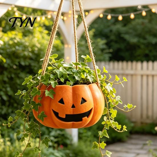 Durable Resin Planter Pumpkin Shaped Hanging Plant Pot, 4.3 Inch Lightweight Flower Adjustable Modern Aesthetic Room Accents Rope Mini Pots for Indoor