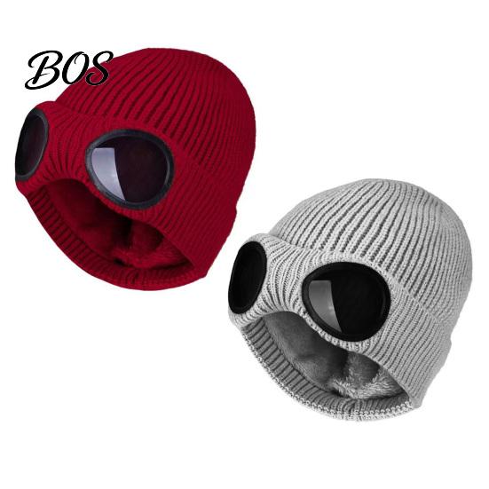 Snow Proof Outdoor Cycling Hat 2Pcs Fleece Lined Hats with Goggles, Warm Winter Knit Stretchy Brimless Eye Protection Hats, Windproof Skiing Caps for