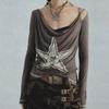 Star Patched Crop Top Retro Y2K Aesthetics Indie T-shirt Vintage Mall Goth Emo Clothes Autumn Pullovers Tees Women