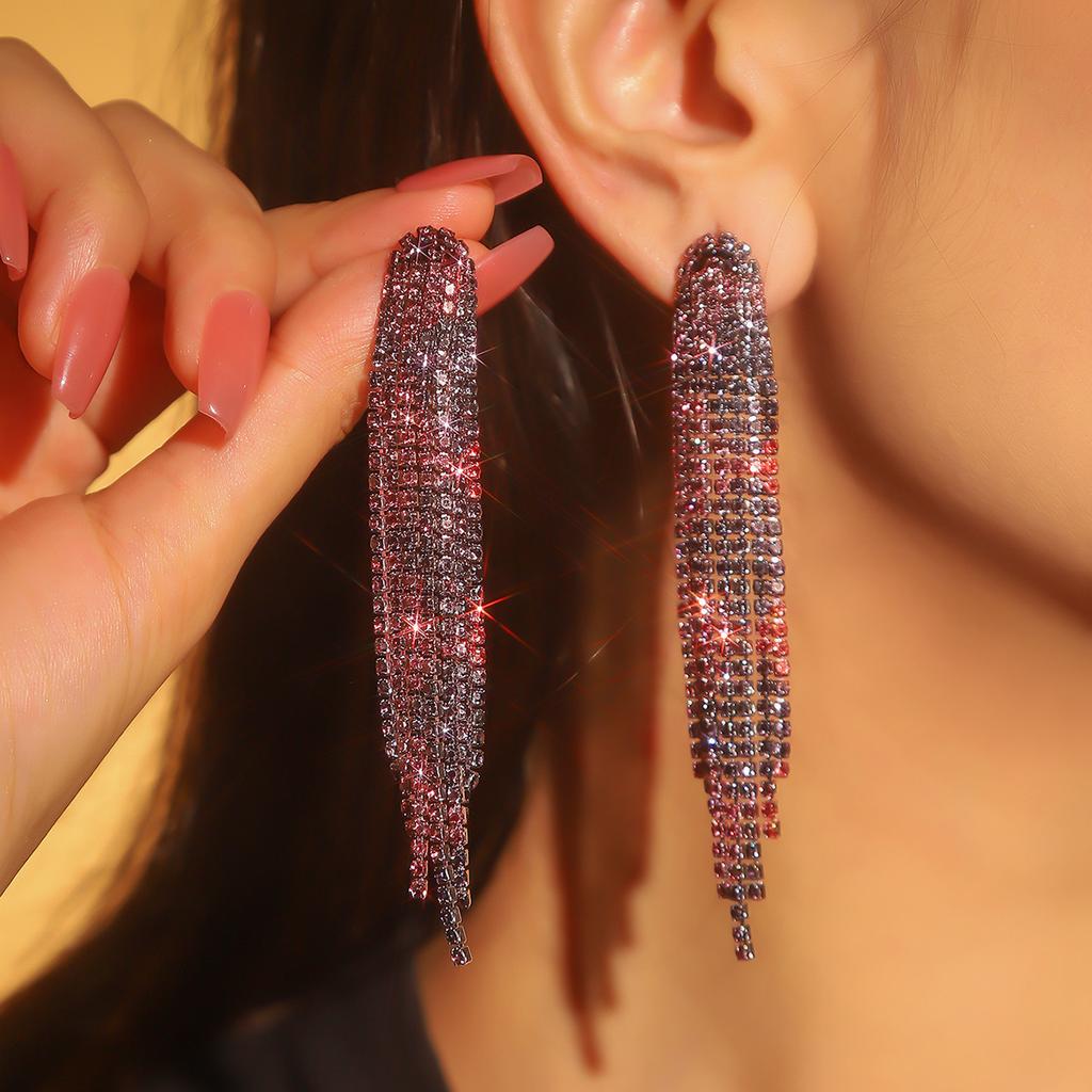 Colored Shiny Rhinestone Long Fringed Earrings