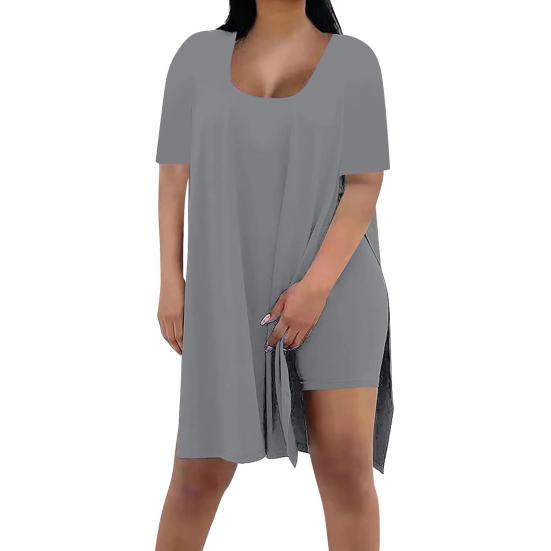 Женские комплекты из 2 предметов больших размеров: туника с коротким рукавом и разрезами по бокам и облегающие шорты-бермуды. Летний домашний спортивный костюм.