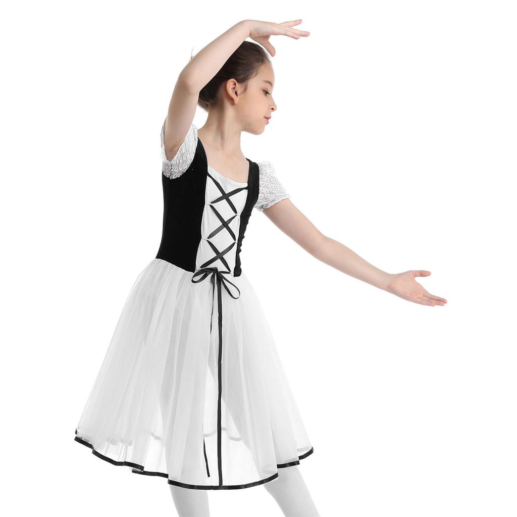 Детский бархатный сетчатый балетный купальник с кружевными рукавами-пузырями и пачкой, платье для танцев и гимнастики