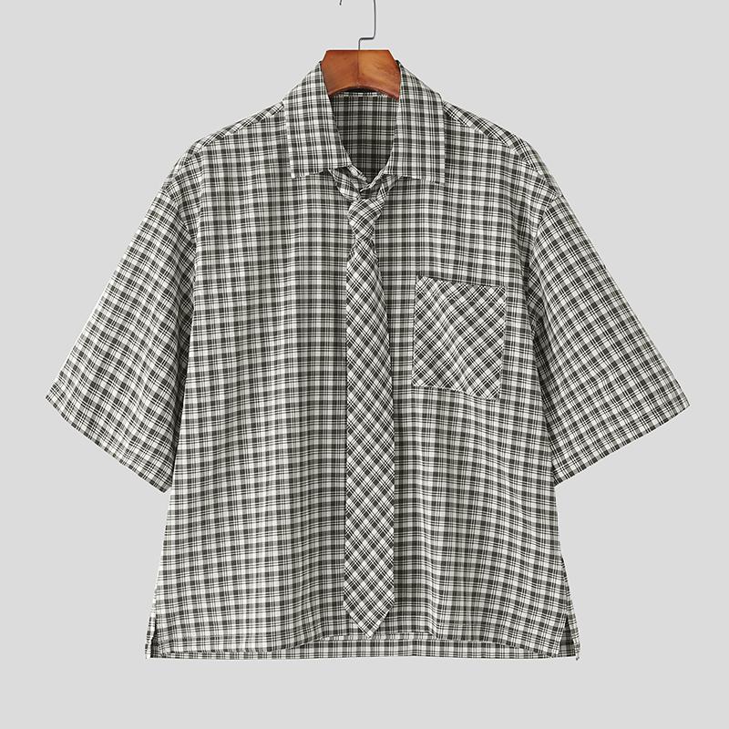 INCERUN Летние мужские рубашки оверсайз с завязками на шее, с рукавом до локтя, в клетку, повседневные, свободного кроя