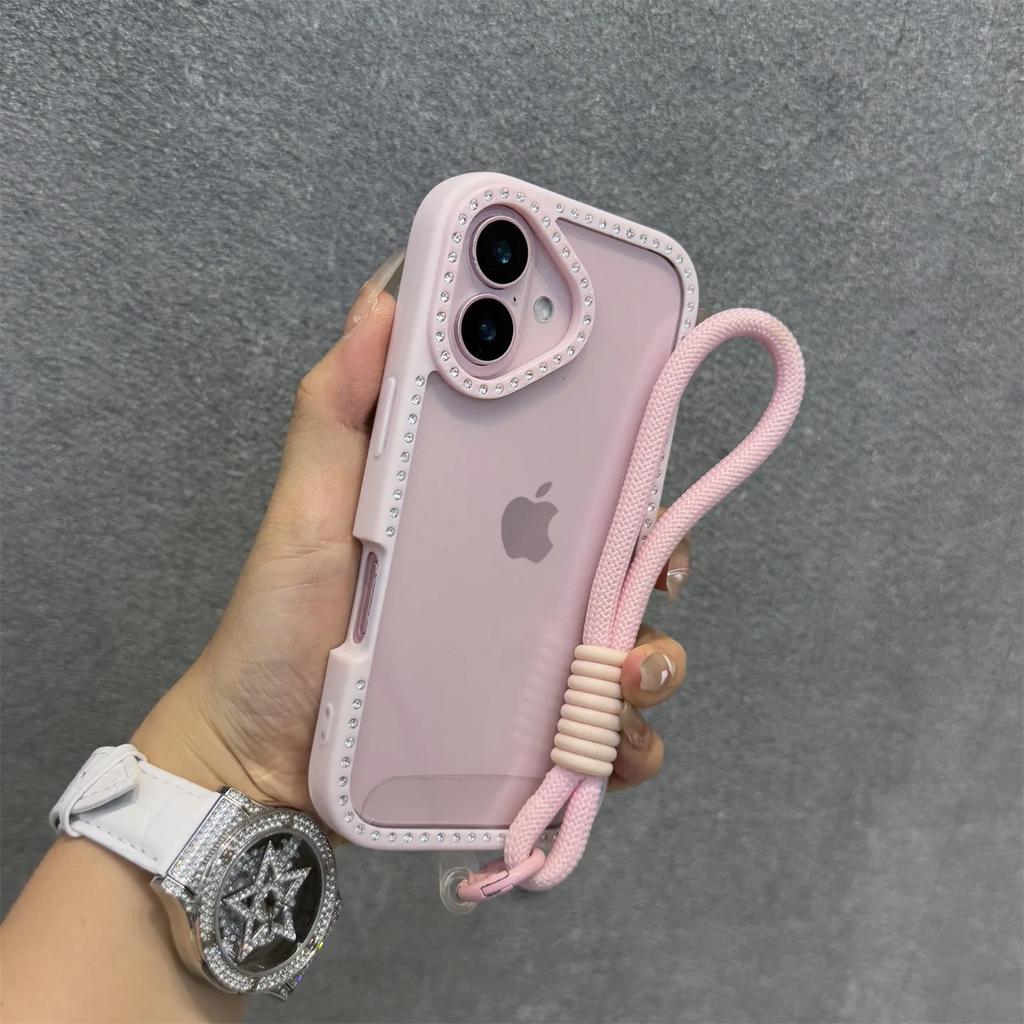 Прозрачный чехол для телефона со стразами и блестками для iPhone 16 16E 15 14 13 12 11 Pro Max 16Plus 16Pro С ремешком-шнурком