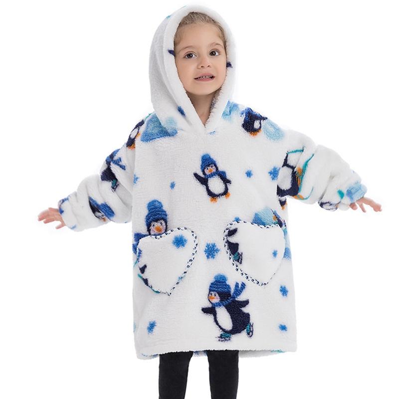 Kids Plush Hooded Pullover Loose Warm Coat Heart Shaped Pocket Cute Cartoon Printed