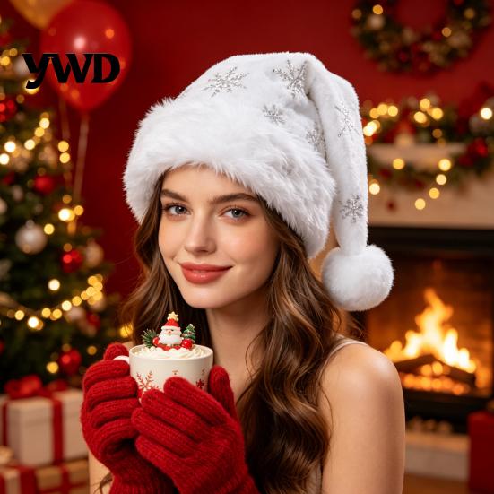 Large Size Christmas Santa Cap Sparkly Sequins Hat for Adults, Velvet Plush Glitter Bling Soft Holiday with Fluffy Pompom Xmas New Year Party Supplies