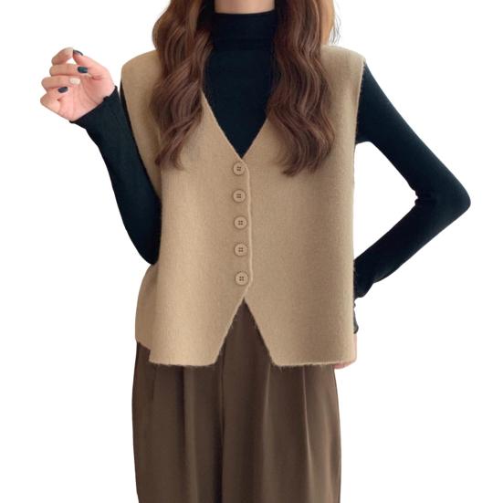 Осень-зима Женский жилет с V-образным вырезом на пуговицах Однотонный свободный трикотажный толстый сохраняющий тепло свободный свитер без рукавов