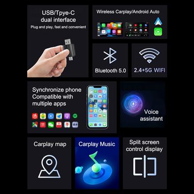 2 в 1 беспроводной CarPlay Android Auto адаптер совместимый с Bluetooth 5.0 WiFi Type-C/USB для OEM автомобильной стереосистемы Plug And Play адаптер