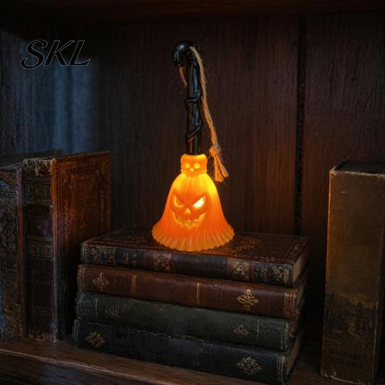 Lighted Broom Ornament Halloween Pumpkin Light, Hanging LED Witch Lamp, Shape Light Spooky Decorative for Holiday Party