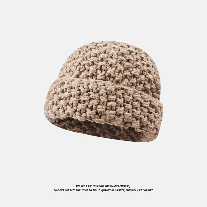 Thick Knitted Pineapple Pattern Beanie Autumn and Winter Solid Color Warm and Versatile Small Knitted Hat with Big Head Circumference and Face