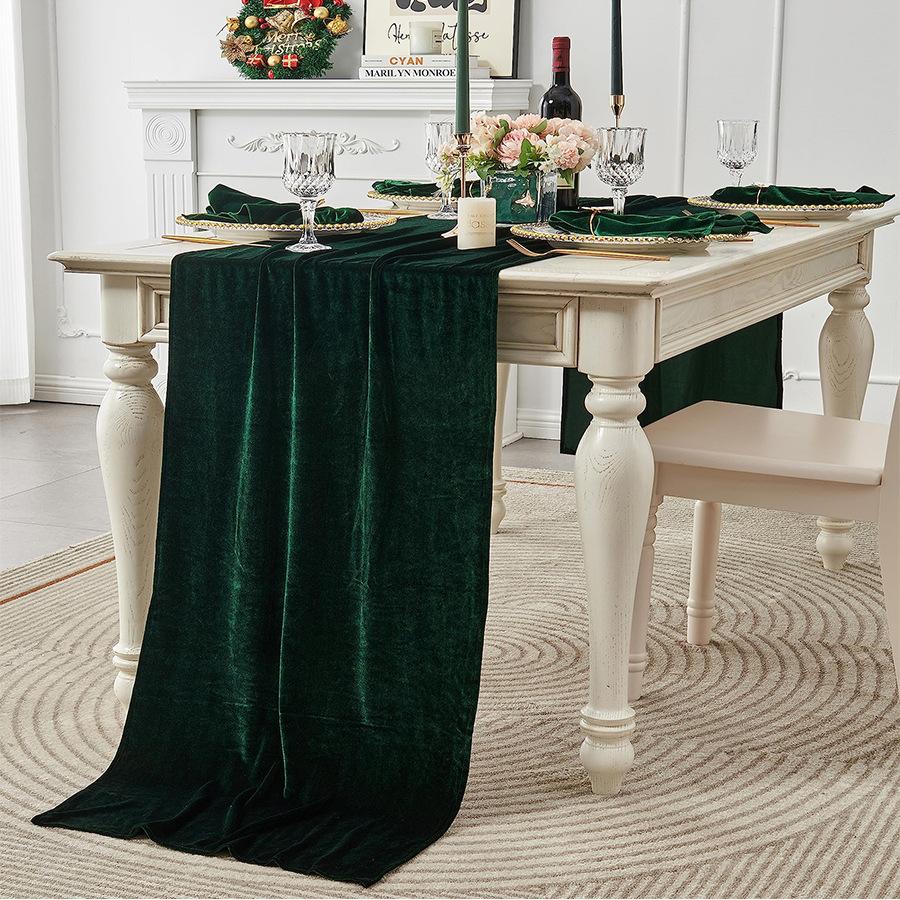 Green Velvet Table Runner Wedding Tablecloth Dinner Party Decoration Table Flag