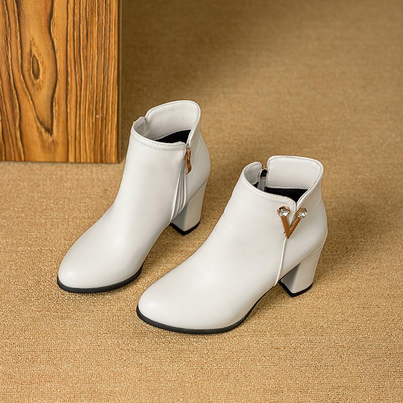 Женские короткие сапоги на высоком каблуке осенне-зимние классические однотонные универсальные сапоги на толстом каблуке большого размера