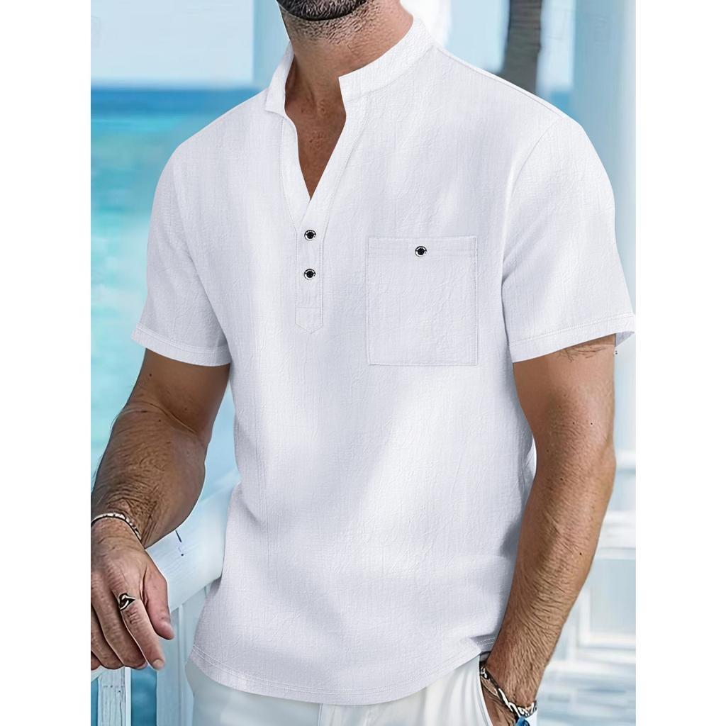 Men's Cotton and Linen Short Sleeved Stand Up Collar Half Buttoned Shirt - Spring and Summer Casual Outdoor Wear