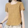 Женская лоскутная хлопковая льняная футболка с короткими рукавами и однотонным верхом
