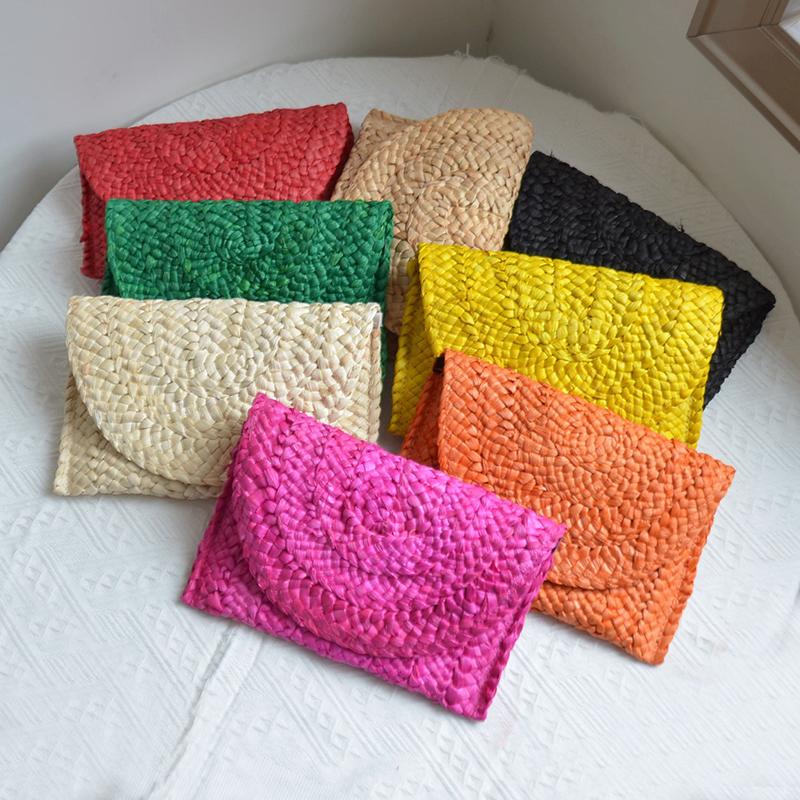 Модная пляжная сумка, женская летняя пляжная сумка-конверт, тканый клатч, однотонная, большая вместительная сумка для хранения, соломенная сумка из кукурузной шелухи