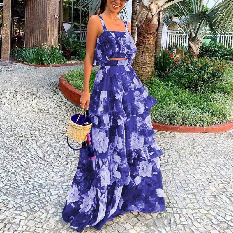 DAFIFY Женская мода, повседневный цветочный узор, принт, лето, весна, подтяжки без рукавов, квадратный воротник, юбка, костюмы